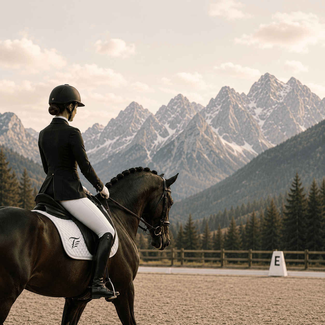 Dressage rider on horseback with mountain backdrop
